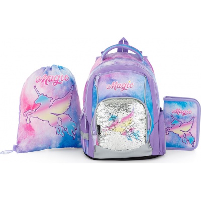 Školní batoh OXY GO Unicorn magic s flitry, set 3 ks