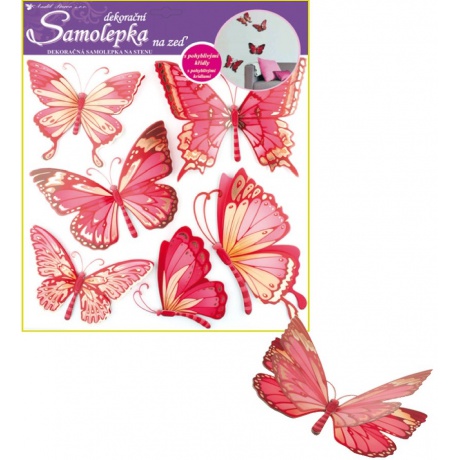 Samolepky na zeď 3D růžoví motýli s pohyblivými křídly