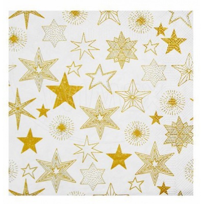 Ubrousky 3 vrstvé 33x33cm vánoční Zlaté hvězdy, 20ks